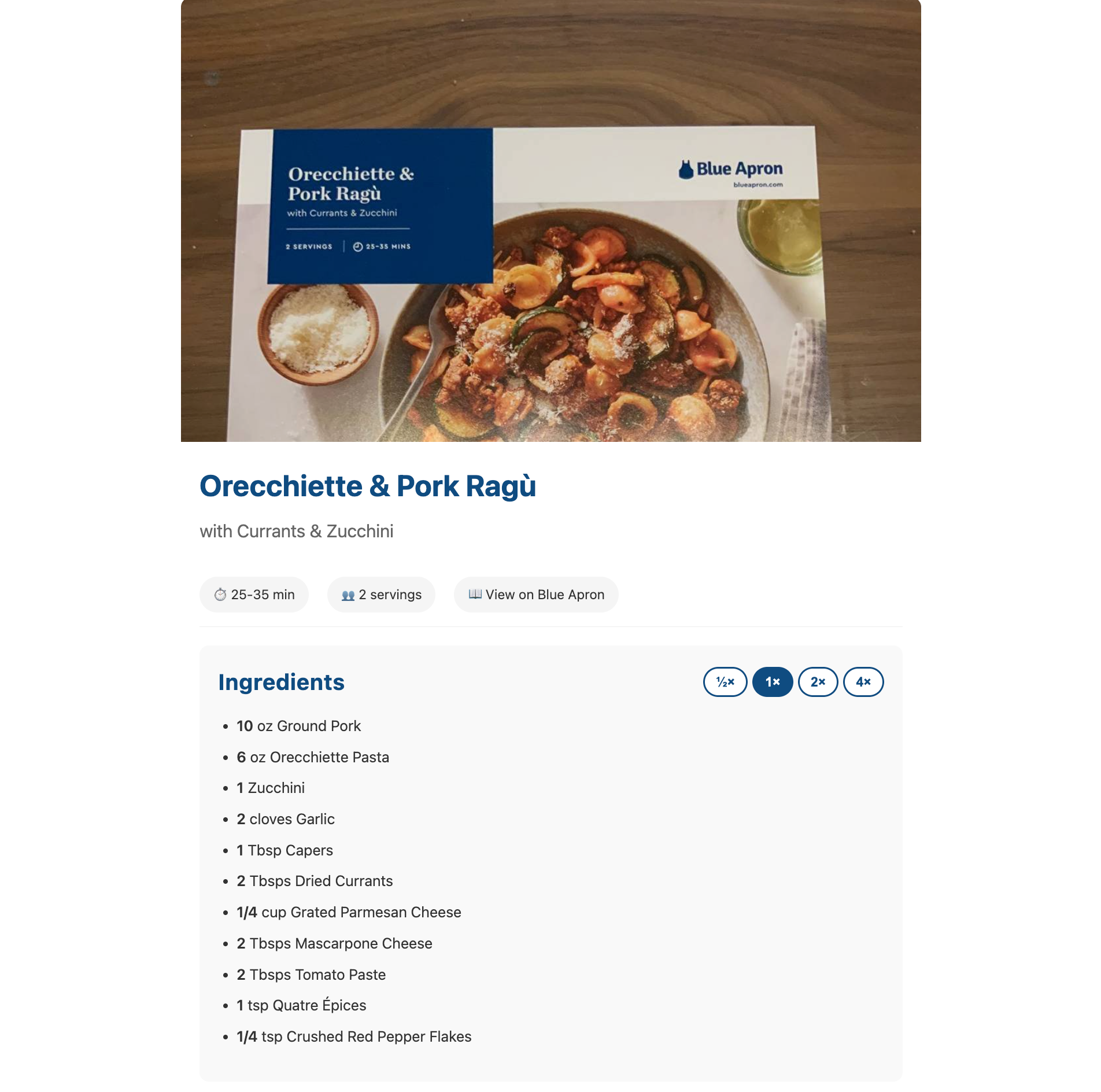 Screenshot of individual recipe page