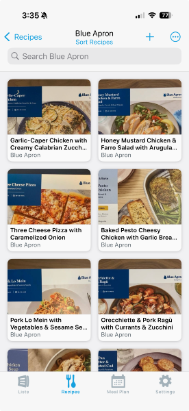 AnyList app showing Blue Apron recipe collection